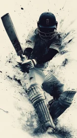 Cricket striker erupts through ink-splashed motion storm.