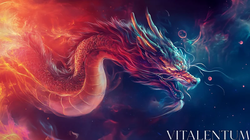 Celestial fire dragon weaving through glowing cosmic clouds.
