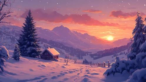 Snow covered cabin sits below mountains at vivid sunset