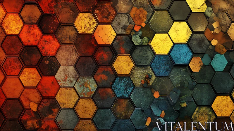 Fractured hexagon grid blends molten amber and teal tones.