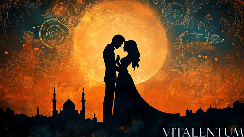 Silhouetted couple silhouette against massive celestial moon with ornamental baroque architectural f