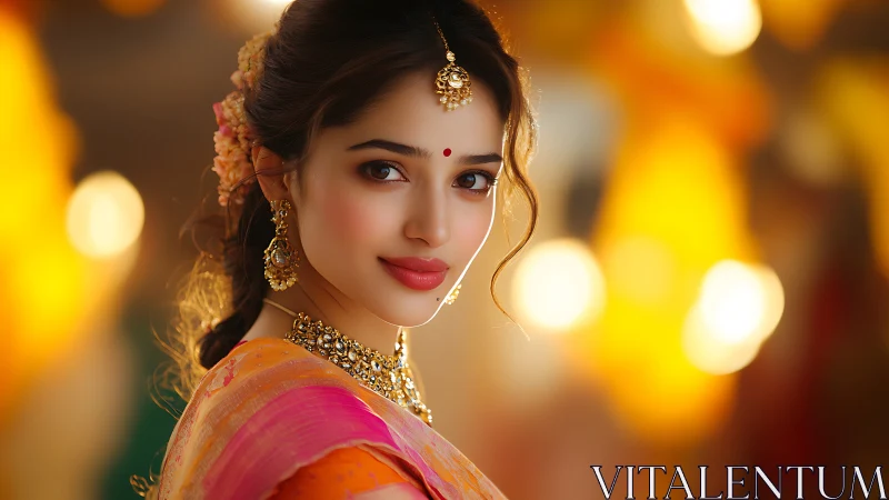 Bridal portrait in warm bokeh with intricate gold jewelry.