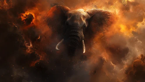 Mythic elephant emerging through infernal nebula cloudscape.