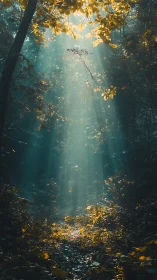 Sunlit forest path glows softly through mist and golden leaves