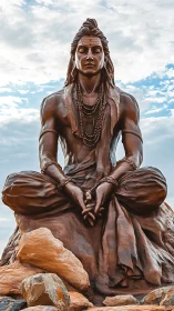 Large bronze meditating deity statue against cloudy sky.