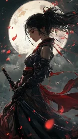 Moonlit katana warrior in red ribbons amid drifting petals.