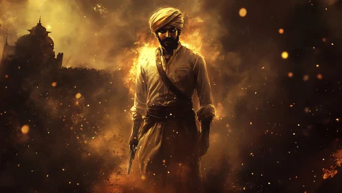 Turbaned warrior in fiery cinematic digital inferno scene.