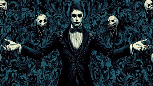 Darkly elegant host commands a skull‑lined baroque void.