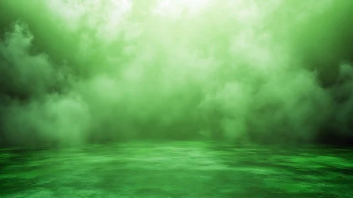 Volumetric green fog over reflective liquid plane with soft lighting