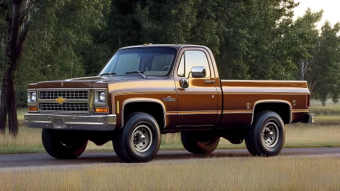 Photorealistic vintage pickup truck in rural roadside setting.