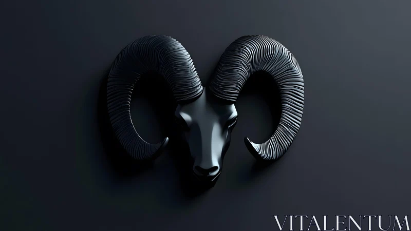 Glossy Black Ram Head Sculpture on Minimalist Dark Background.