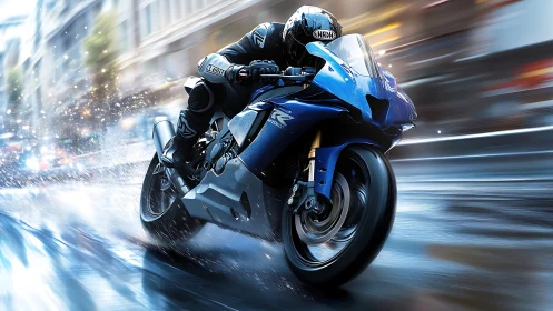 Photorealistic superbike cornering through dynamic urban rainscape.