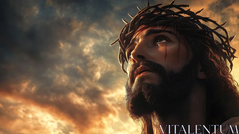 3D devotional portrait with crown of thorns and storm sky.
