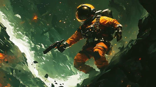 Astronaut in orange suit traverses dark rocky chasm with weapon