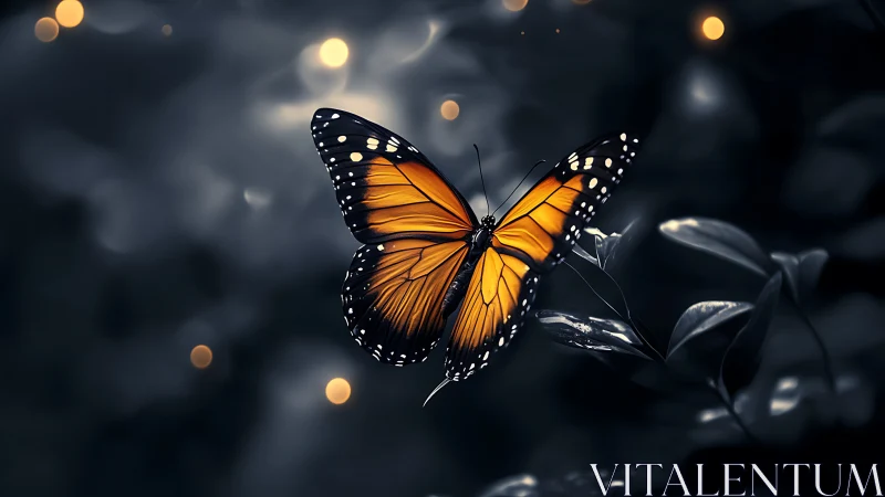 Golden butterfly drifts through a quiet, lanternlit dusk.