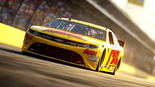 Sunlit stock car slingshots through a glowing golden straightaway