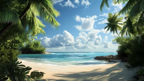 Tropical shoreline framed by lush vegetation with turquoise waters.