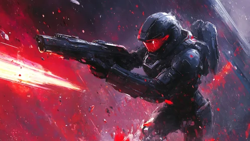 Ballistic exosuit trooper discharging plasma rifle mid-sprint.