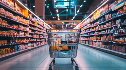 Runaway grocery cart cruising neon aisles of abundance.