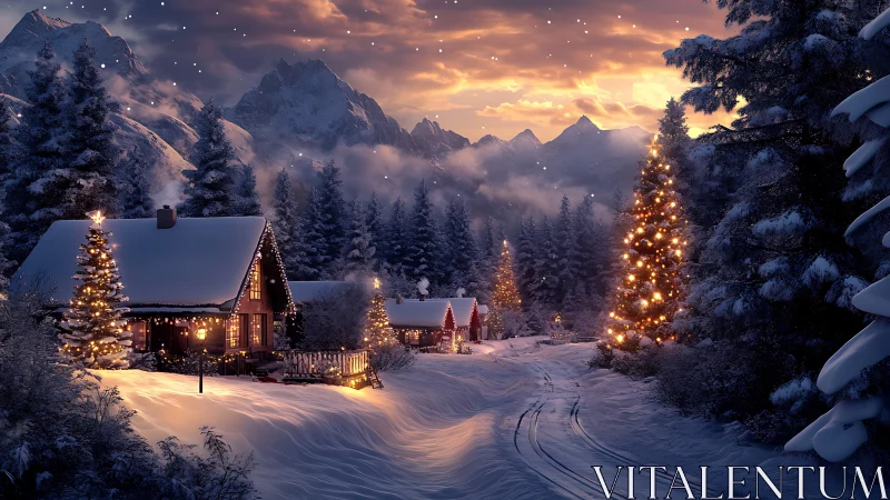 Snowy mountain cabins glow with magical Christmas lights.