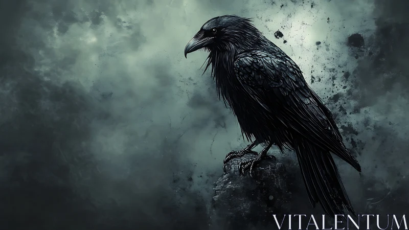 Dark raven on crag under storm-swept abstract sky.