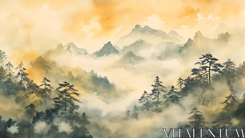 Golden mist over tranquil mountain pines at gentle sunrise.