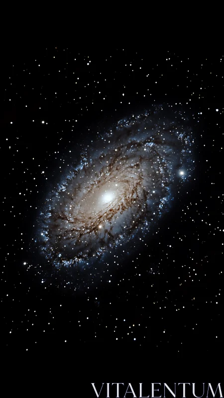 Spiral galaxy glows amid dense starfield in deep space.