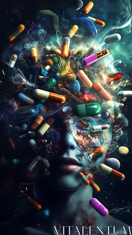 Cybernetic face dissolves into swirling pharmaceutical cosmos.