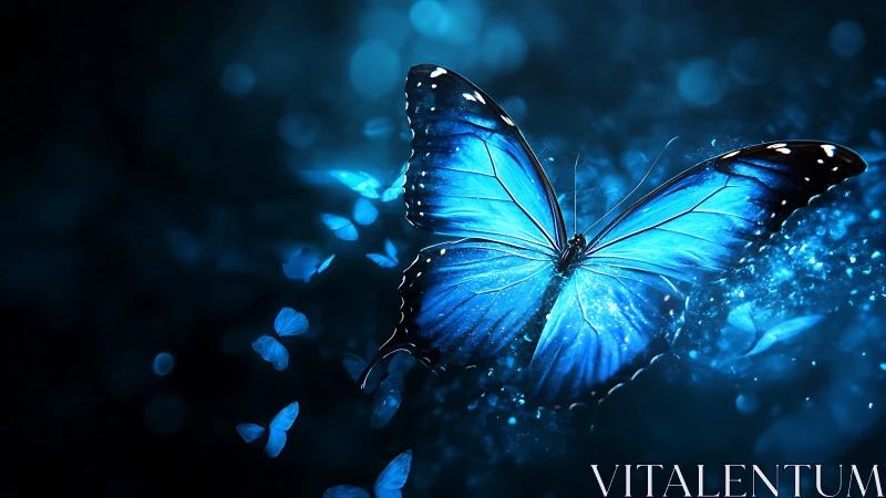 Luminous blue butterfly glows over dark sparkling bokeh field