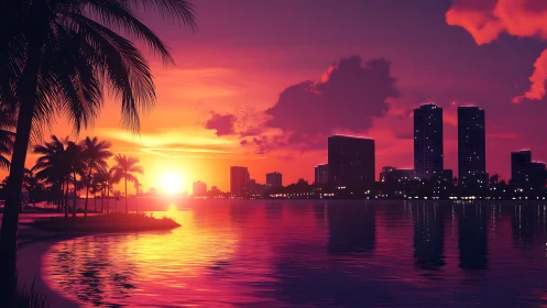Neon tropical city sunset over calm reflective bay waters.