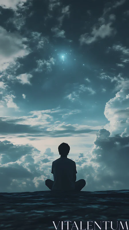 Silhouetted figure meditates under luminous starfield sky