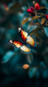 Vibrant butterfly in teal bokeh garden with red buds.