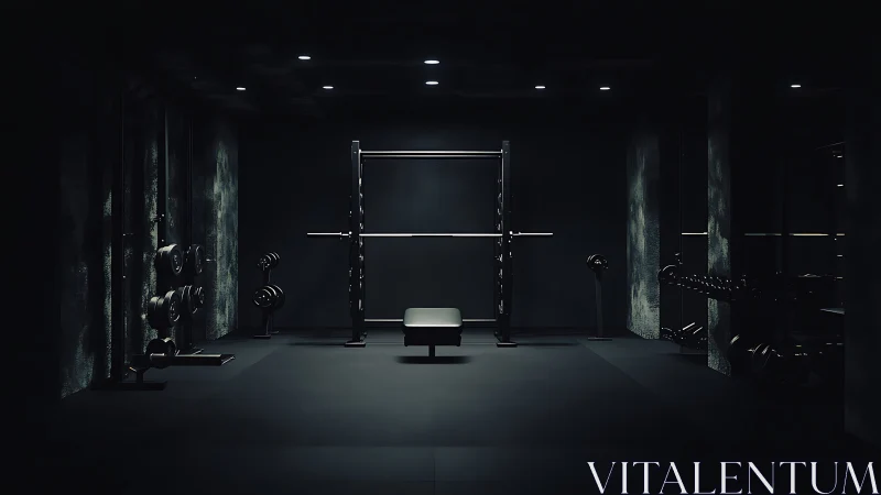 Minimalist dark gym with centered bench and power rack.