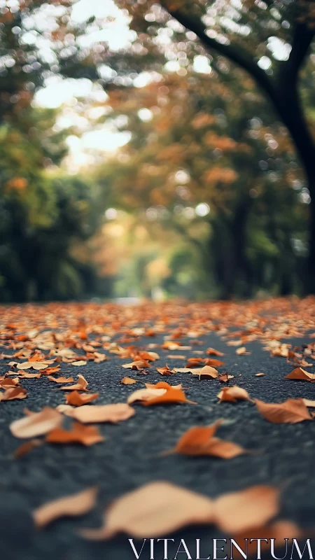 Autumn leaves scattered on asphalt with soft forest bokeh.