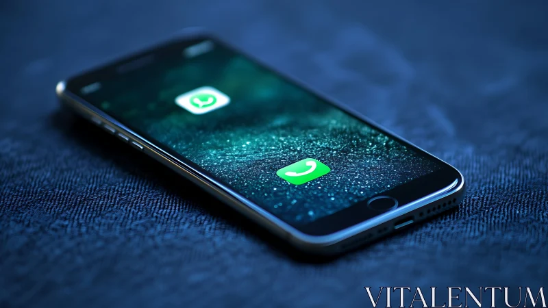 Smartphone with messaging app icons on textured dark fabric