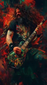 Explosive metal guitarist surrounded by abstract red fury.