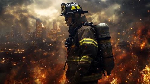 Firefighter Stands Resolute Amid Urban Inferno and Raging Flames