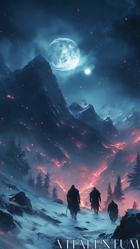 Moonlit wanderers crossing a fiery winter mountain pass.