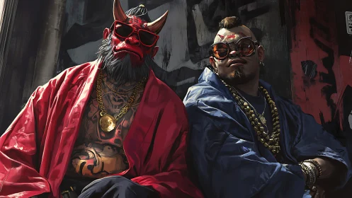 Streetwise oni duo in luxe robes and heavy gold swagger.