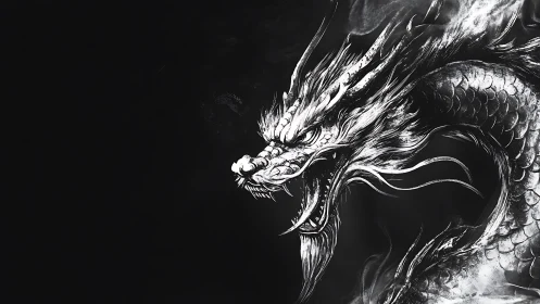 Fierce monochrome dragon swirling from the shadows in smoke.