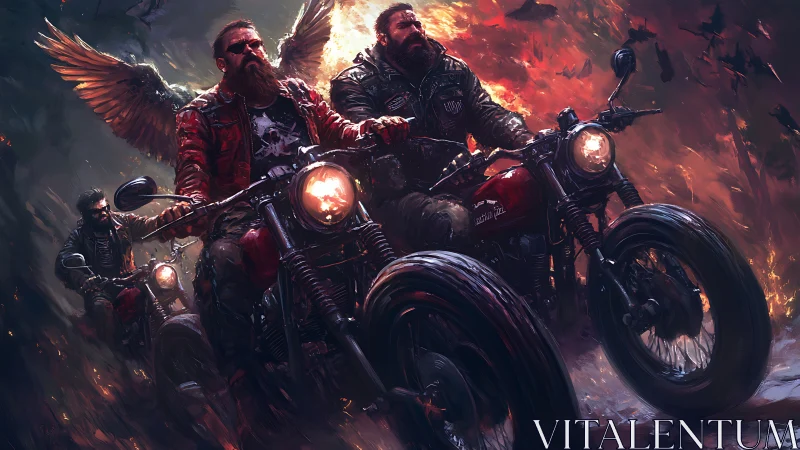 Winged biker convoy in infernal digital painting composition.