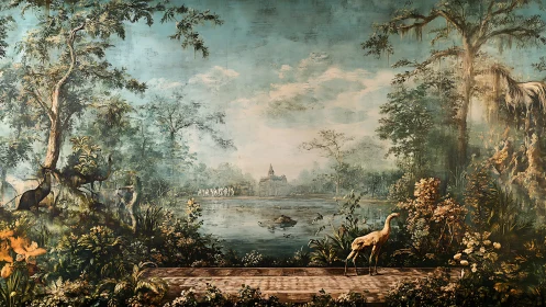 Panoramic painted landscape depicts lake, flora and birds