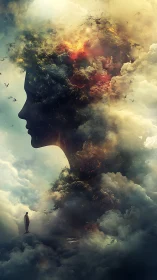 Stormborn silhouette cradles a wandering dreamer in clouds