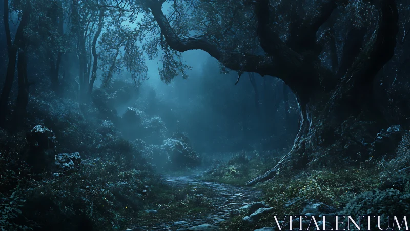 Ethereal Forest Pathway Through Ancient Twisted Trees.