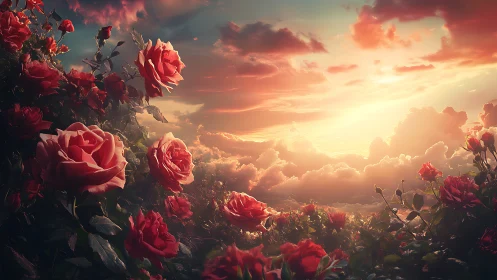 Roses Against Celestial Sunset: Dramatic Golden Hour Floral Composition