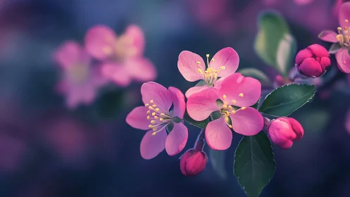 Pink flowering crabapple blossoms with yellow stamens in soft focus