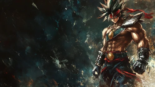 Battle-scarred warrior in dynamic brushstroke stormscape.