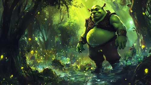 Green ogre explores glowing forest stream at dusk.