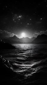 Starlit ocean horizon glows softly beneath distant peaks
