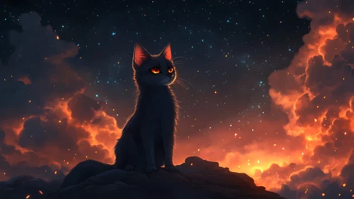 Black cat with glowing eyes sitting on rock surrounded by fire